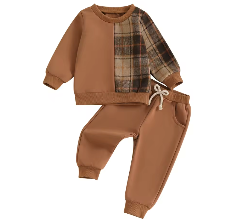 Brown Plaid Patchwork Lounge Set