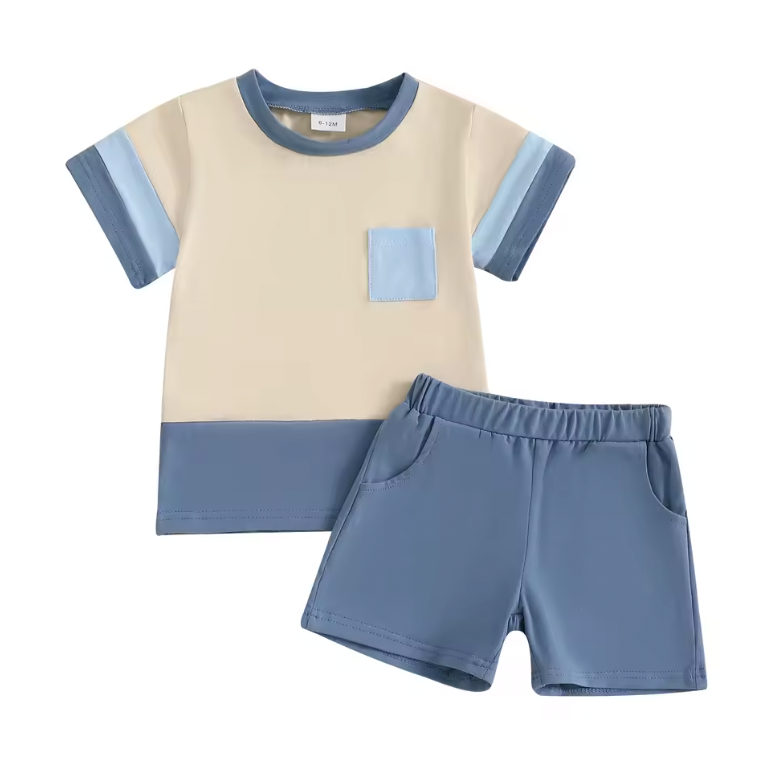 Beige Two Tone Blue Short Set