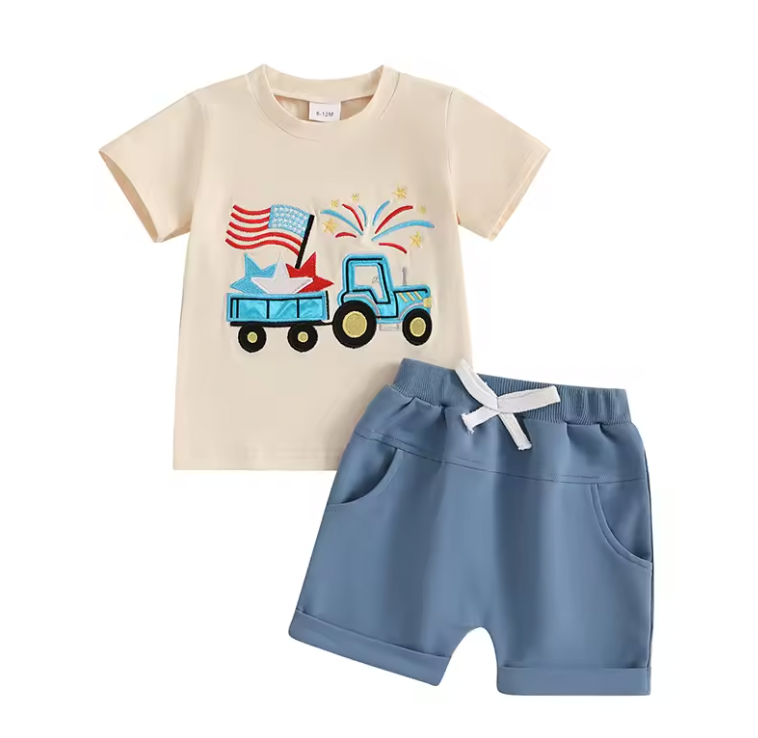 Blue Embroidered Firework Tractor Short Set