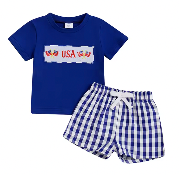 USA Embroidered Gingham Blue Short Set