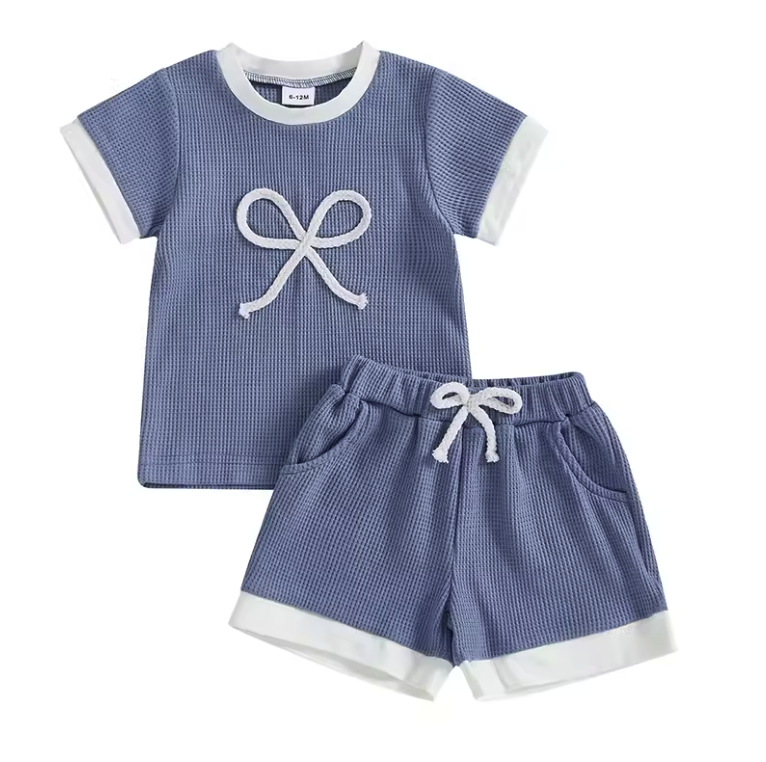Blue Waffle Knit Bow Short Set