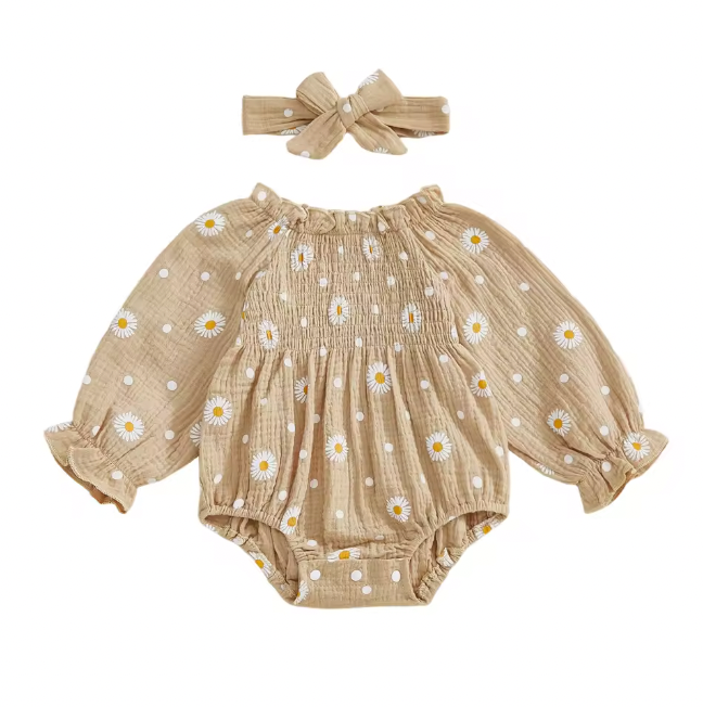 Beige Daisy Scrunch Bubble Romper