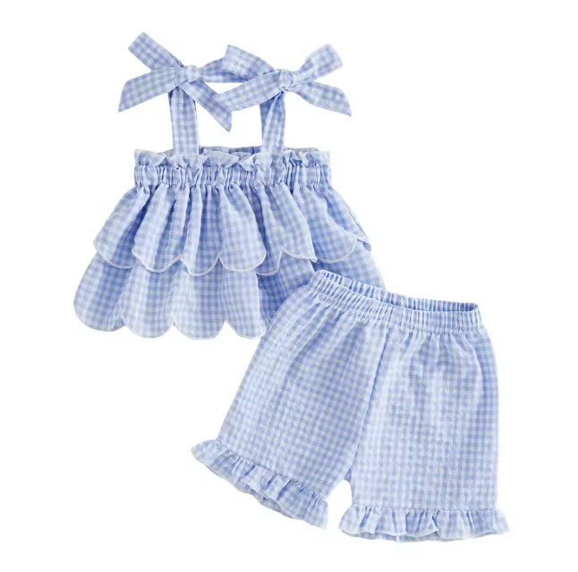 Blue Ruffle Gingham Bow Sleeve Short Set