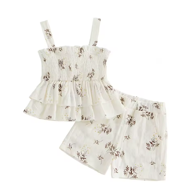 Beige Dainty Floral Ruffle Tank Set