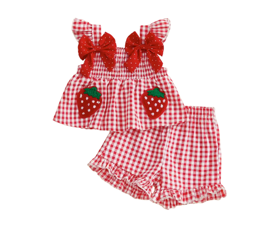 Red Gingham Bow French Knot Strawberry Short Set