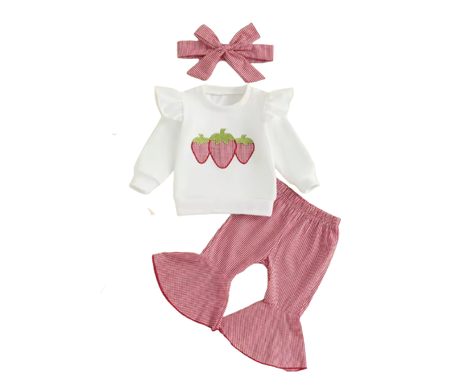 Red Gingham Embroidered Strawberry Flutter Sleeve Bell Set