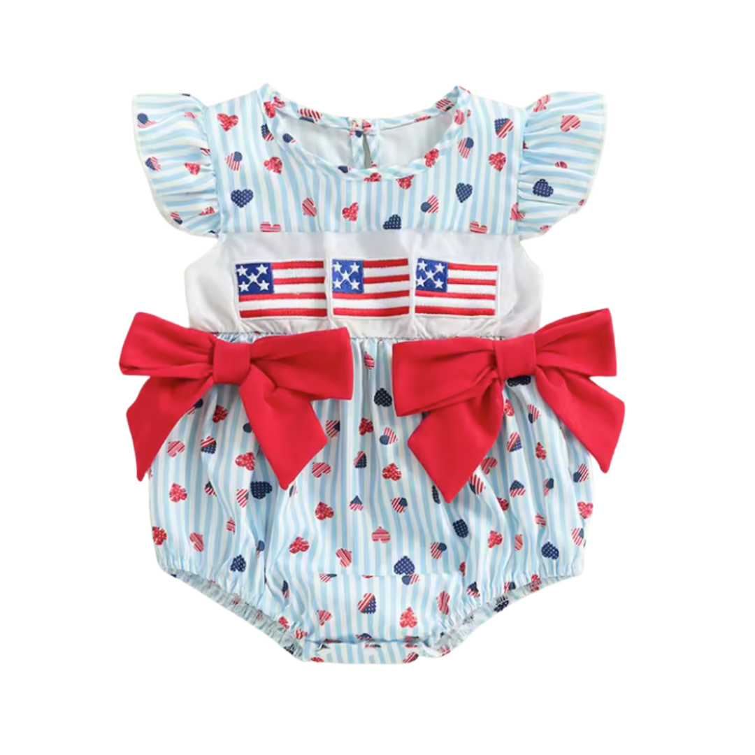 Embroidered USA Heart and Bow Smocked Romper
