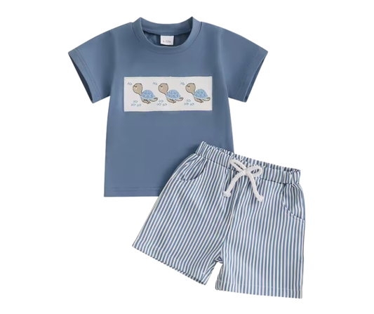 Blue Turtle Smocked Short Set
