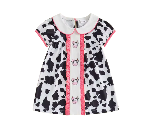 Embroidered Pink Trim Cow Print Dress
