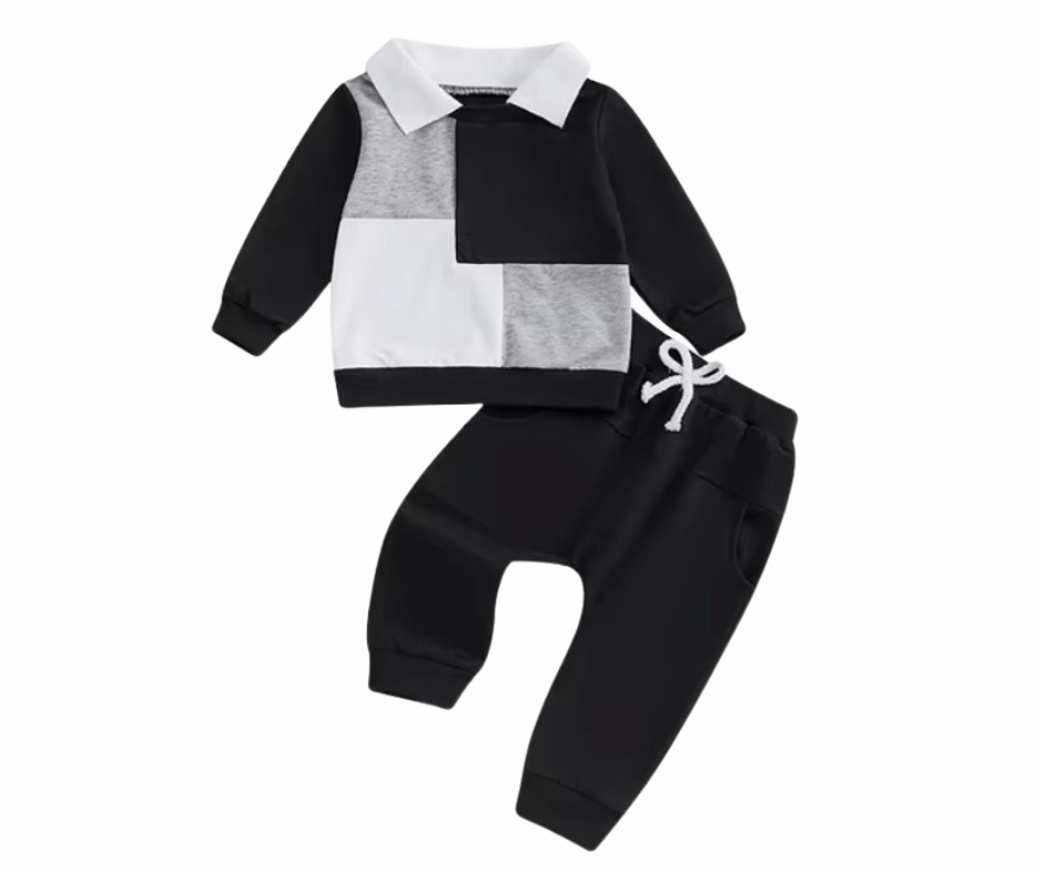 Black and Grey Colorblock Collared Set AJC Wholesale