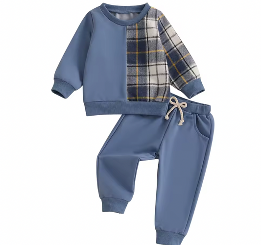 Blue Plaid Patchwork Lounge Set