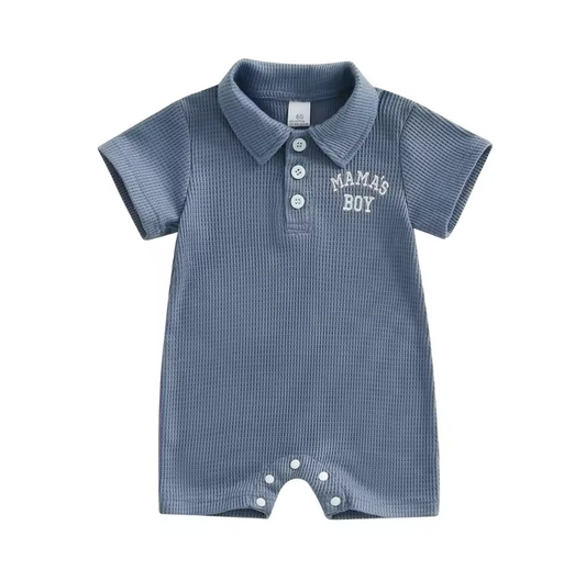 Blue Collared Embroidered Mama's Boy Romper