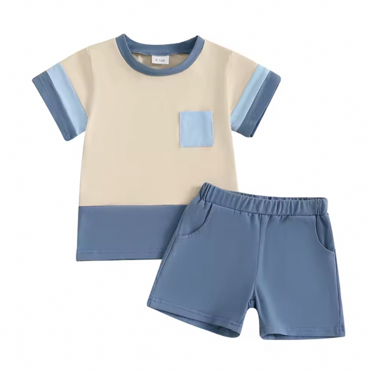 Beige Two Tone Blue Short Set
