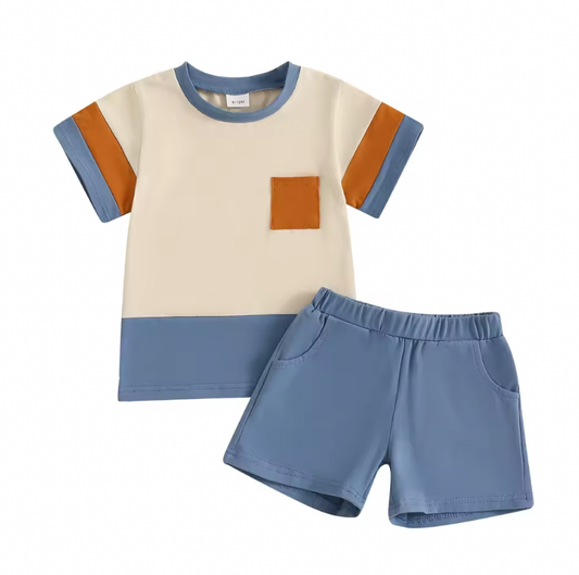 Beige Blue Rust Stripe Short Set