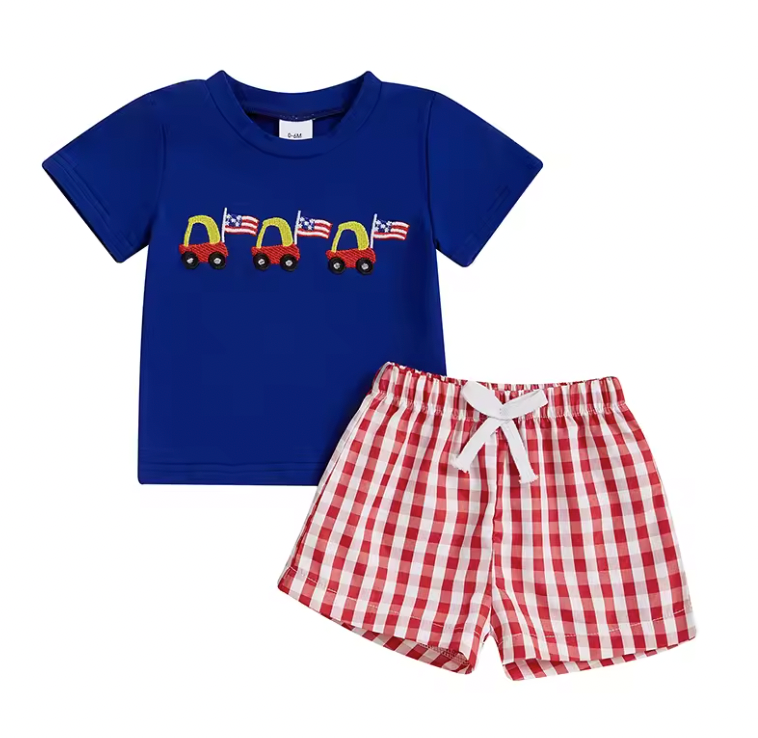 Embroidered USA Flag Car Gingham Short Set