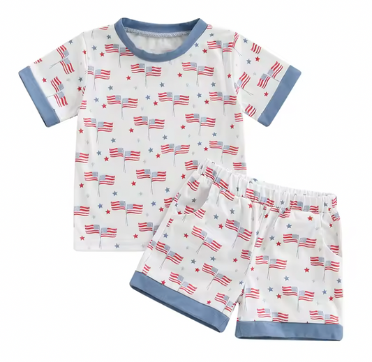 White Blue Trim American Flag Star Short Set