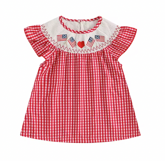 Red Gingham Embroidered Flag Heart Smocked Dress