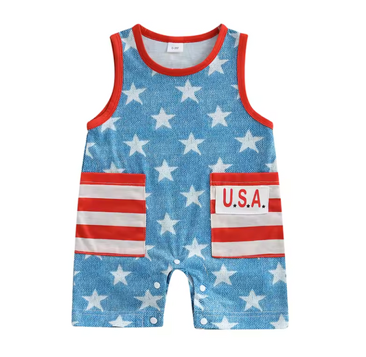 Blue Red Trim USA Pocket Tank Romper