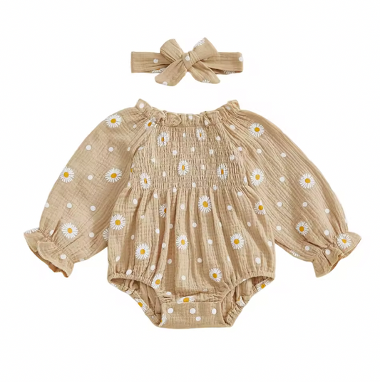 Beige Daisy Scrunch Bubble Romper