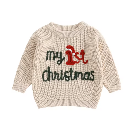 Beige My First Christmas Santa Hat Embroidered Sweater