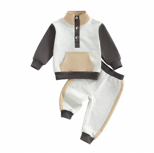 Brown and Cream Colorblock Button Lounge Set