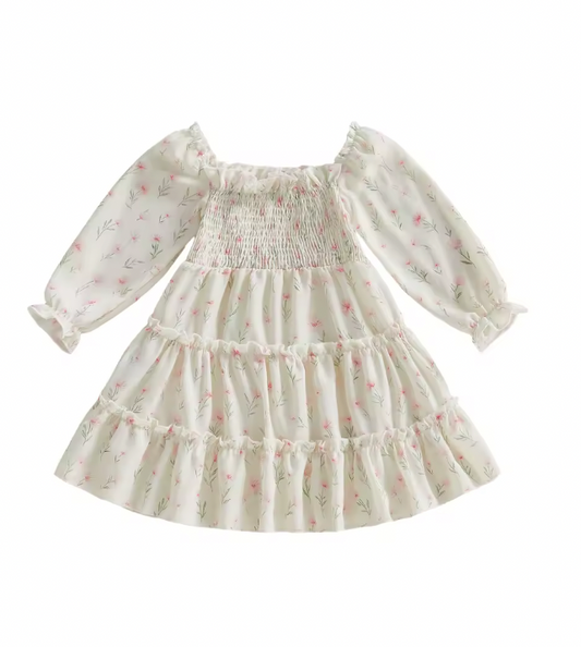 White Pink Dainty Floral Scrunch Dress