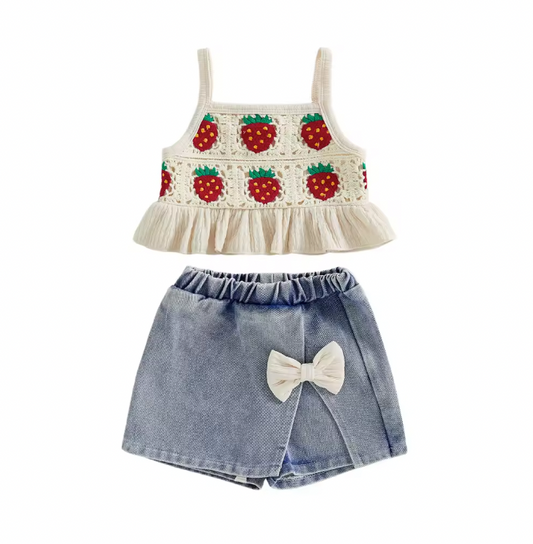 Beige Crochet Strawberry Denim Skort Set