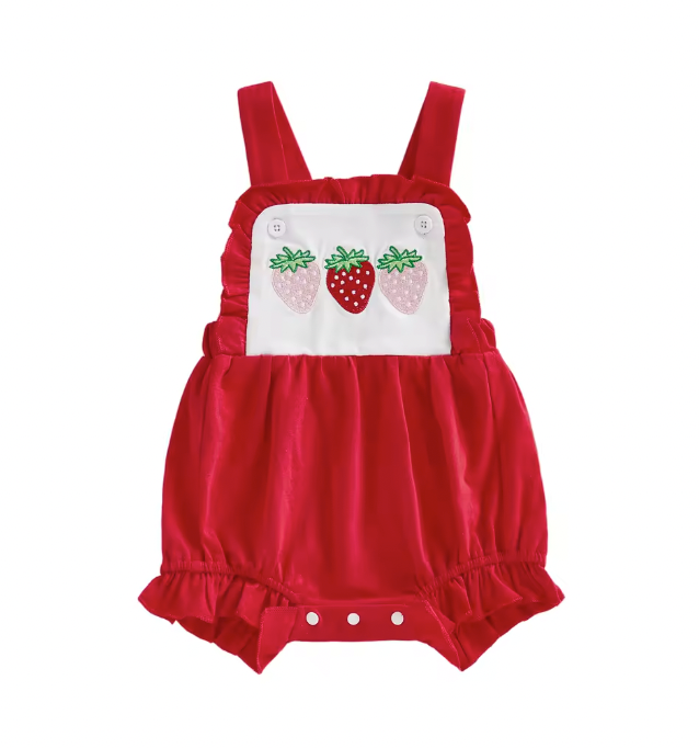 Red and White Embroidered Strawberry Overall Romper