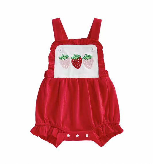 Red and White Embroidered Strawberry Overall Romper