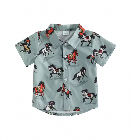 Blue Horses Collared Shirt