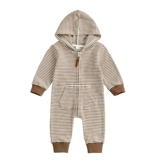Tan Striped Waffle Knit Hooded Zip Jumper