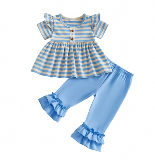 Blue Striped Ruffle Top and Pant Set