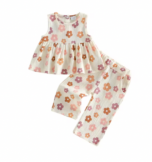 Neutral Floral Linen Flower Pant Set