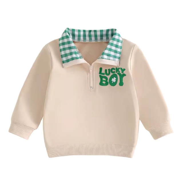 Tan Lucky Boy Plaid Quarter Zip Crewneck