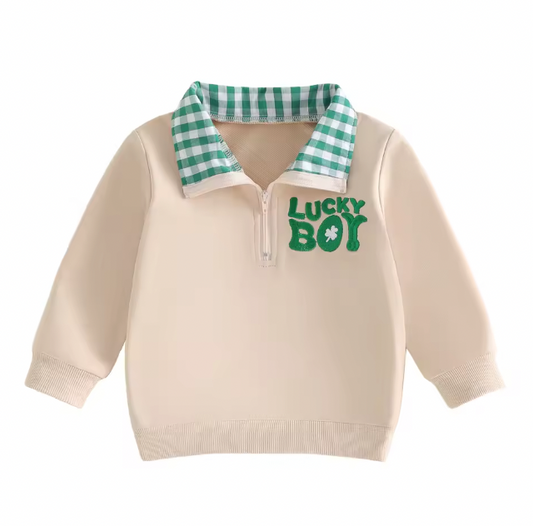 Tan Lucky Boy Plaid Quarter Zip Crewneck