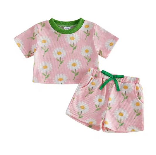 Pink and Green Daisy Short Set