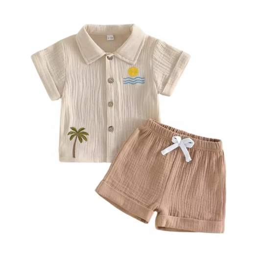 Khaki Linen Embroidered Sunshine Short Set