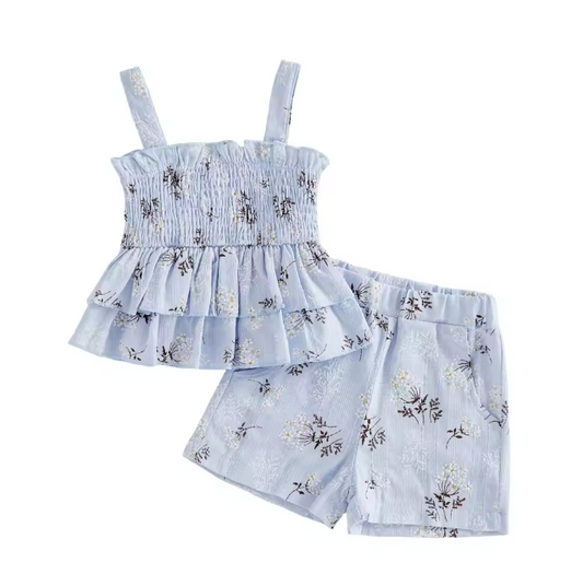 Blue Dainty Floral Ruffle Tank Set