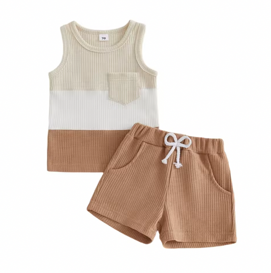 Beige Ribbed Pocket Tank Short Set