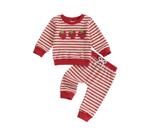 Striped Waffle Knit French Knot Strawberry Set