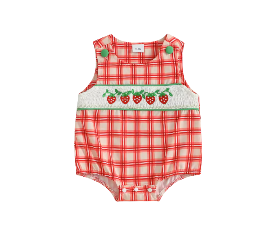 Smocked Embroidered Red Plaid Strawberry Romper