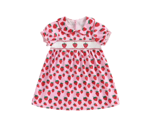 Smocked Pink Embroidered Strawberry Collared Dress