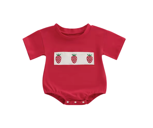 Red Embroidered Strawberry Tee Bubble Romper