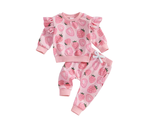 Pink Flutter Sleeve Strawberry Lounge Set
