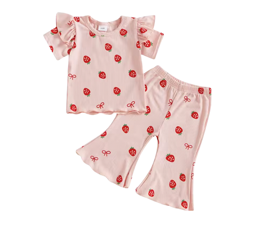 Ribbed Pink Short Sleeve Strawberry Bow Flare Set