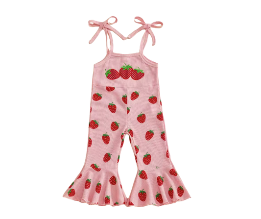 Pink Strawberry Tied Sleeve Waffle Knit Jumpsuit