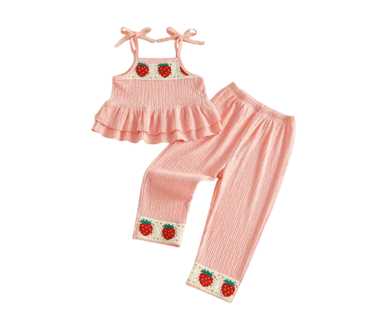 Strawberry Crochet Pink Linen Pant Set