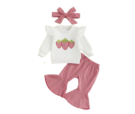 Red Gingham Embroidered Strawberry Flutter Sleeve Bell Set