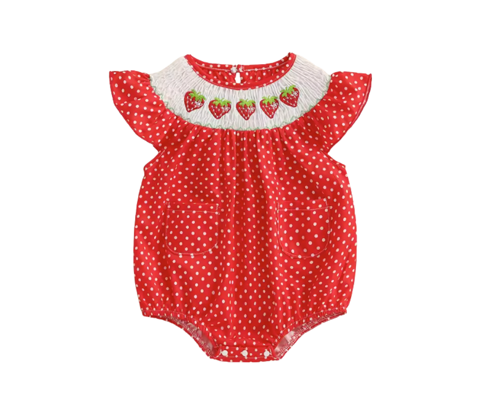 Red Polka Dot Smocked Embroidered Strawberry Romper