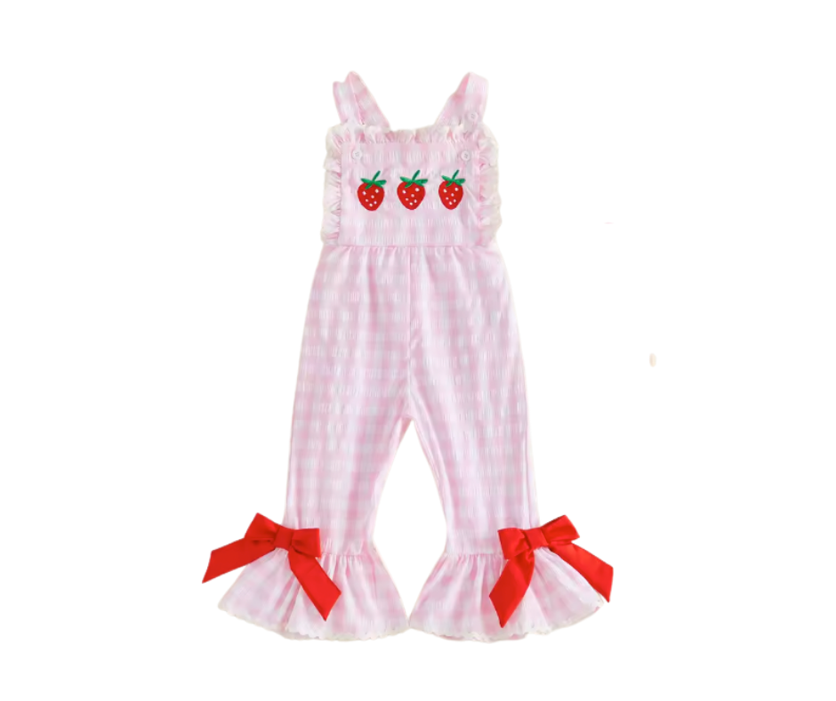 Pink Plaid Embroidered Strawberry Bow Bell Jumpsuit